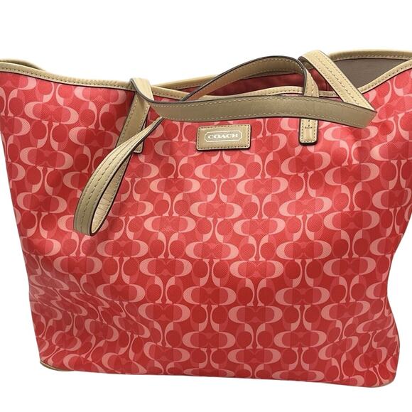 Coach 25673 Authenticated Peyton Park Split Dream Coated Canvas Red Pink Tote - Picture 1 of 13